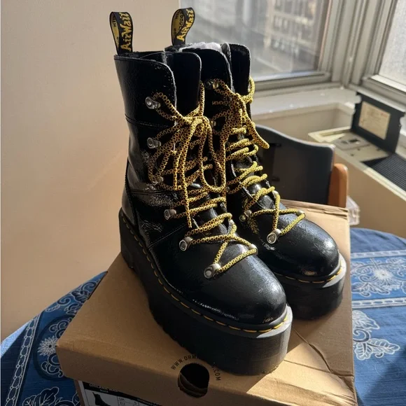 Dr Marten Black Platform Boots with Yellow Laces - Picture 3 of 8